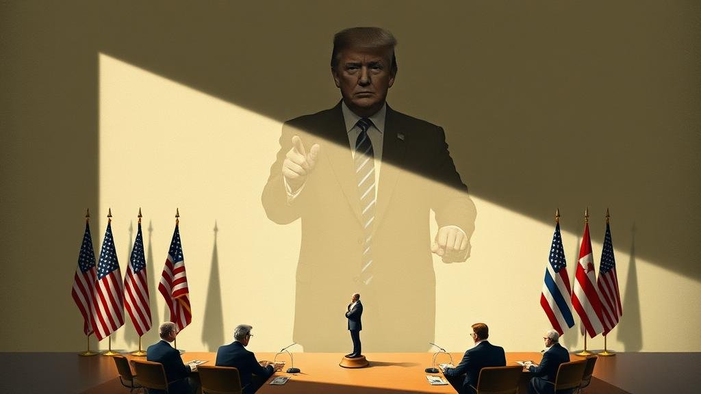 A large, ominous shadow of a political figure, symbolizing the influence of U.S. domestic politics and the 'America First' approach, looming over the Geneva peace talks and casting uncertainty on the negotiations.