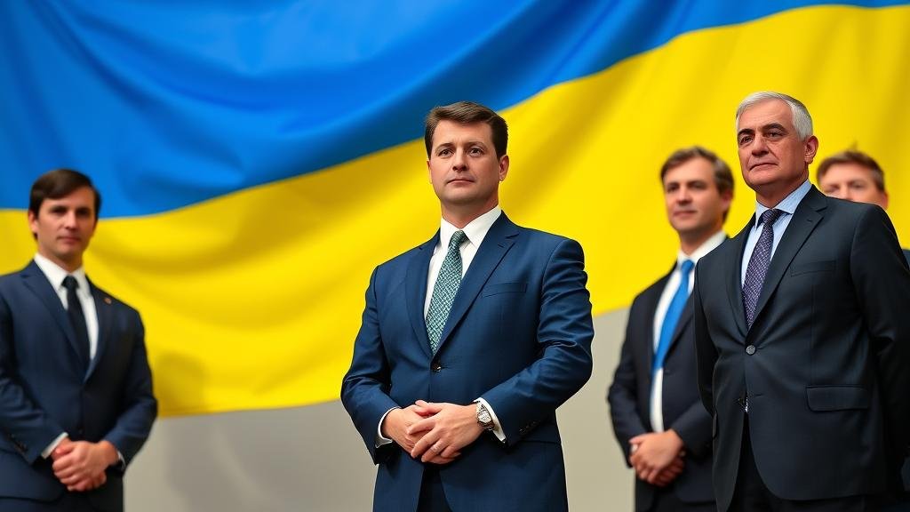 Ukrainian President Zelenskyy and his delegation standing resolute and unwavering, with the Ukrainian flag as a backdrop, to symbolize their firm stance on not compromising their nation's sovereignty or territorial integrity.