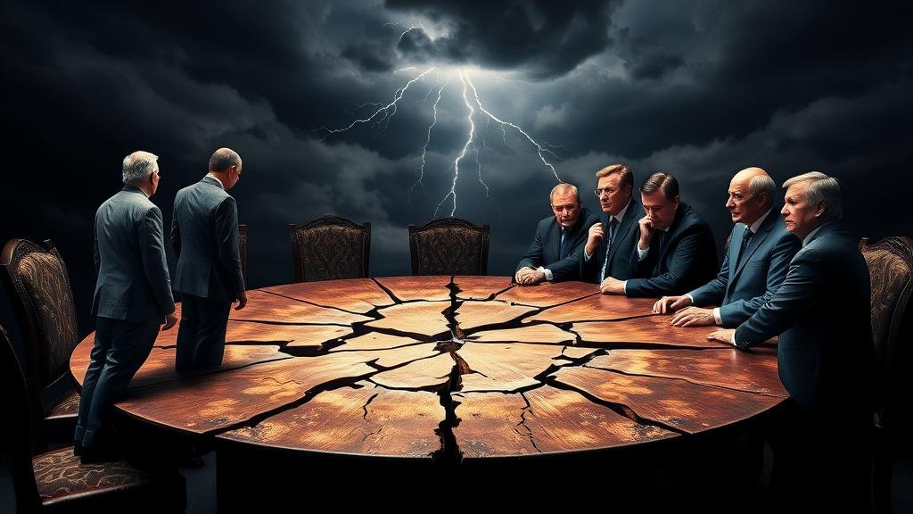 A powerful, symbolic image of a cracked and crumbling round table, representing the fractured transatlantic alliance. On one side, a lone figure representing the United States stands with their back turned. On the other side, figures representing European and Ukrainian leaders huddle together with faces of fear and betrayal, under a dark, stormy sky.