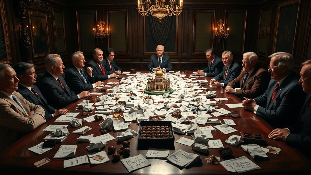 A hyper-realistic, editorial-style photograph of a dimly lit, ornate room in Geneva. In the center, a group of diverse, well-dressed world leaders are gathered around a large, mahogany table covered with a chaotic mess of crumpled napkins with scribbled notes, a half-eaten box of Swiss chocolates, and a single, ominous-looking diorama. The leaders are looking at each other with expressions of confusion, frustration, and alarm.
