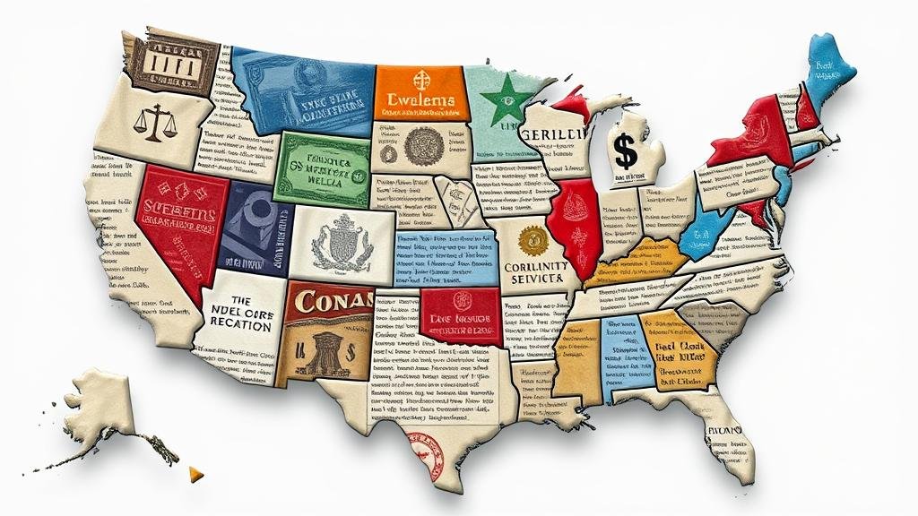 An image illustrating a chaotic 'patchwork' of regulations. It could be a map of the United States made of mismatched quilt squares, each square containing different legal symbols and text, creating a sense of confusion and complexity that represents the compliance nightmare for tech companies.