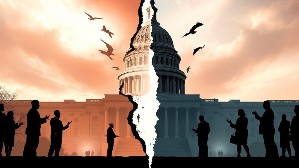 A conceptual image depicting the US Capitol Building fractured down the middle, with one side bathed in light and the other in shadow. Silhouetted figures of politicians are visible on both sides, engaged in heated debate, representing the internal conflict and division within the US government over the peace proposal. The style should be symbolic and dramatic.