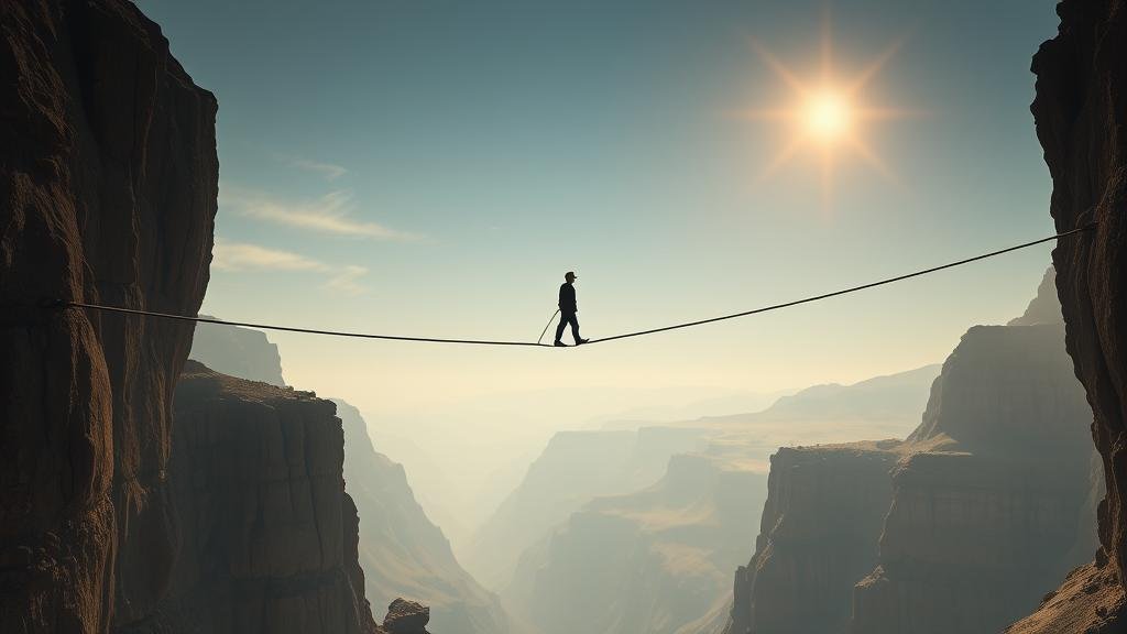 A metaphorical image of a tightrope walker carefully balancing on a rope stretched over a deep canyon. The tightrope walker represents the diplomats in Geneva, while the canyon symbolizes the immense challenges and high stakes of the negotiations. One side of the canyon is war-torn and desolate, and the other is a peaceful, sunlit land. The style should be highly symbolic and suspenseful.