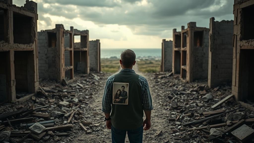 An emotional and poignant image of a Ukrainian civilian standing in the ruins of a bombed-out building in a city like Bucha. The person is holding a faded photograph of their family, looking towards a crossroads where one path leads to a bright, peaceful landscape and the other to a dark, stormy sea, symbolizing the impossible choice between peace and justice. The style should be evocative and heart-rending.