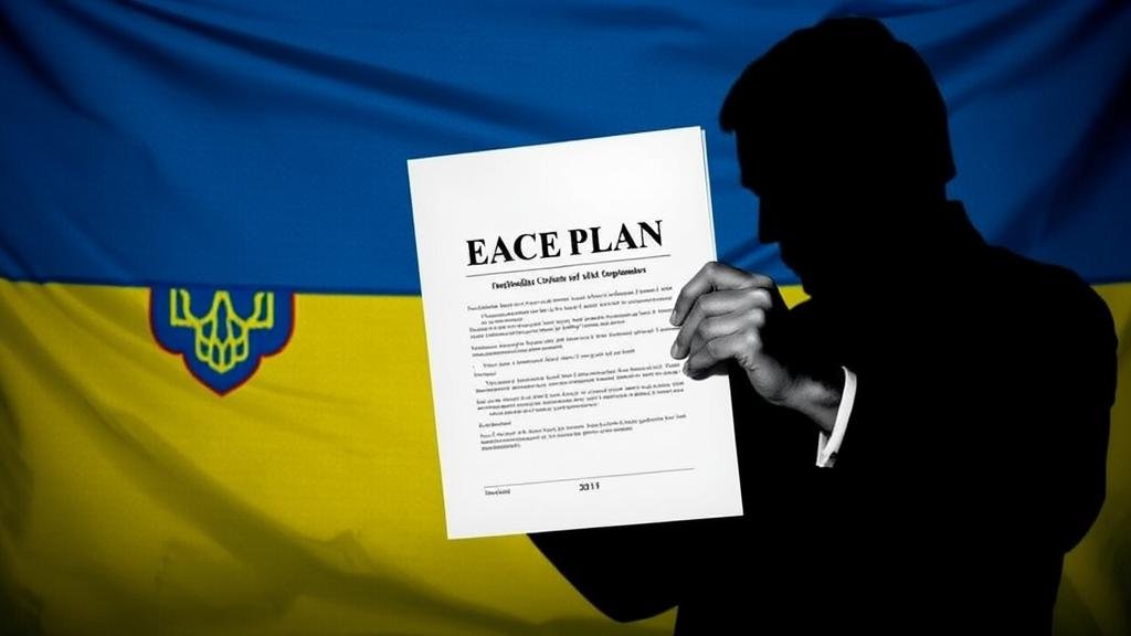 Shadowy figure of a politician holding a document titled PEACE PLAN, with a piece of the Ukrainian flag being cut out.