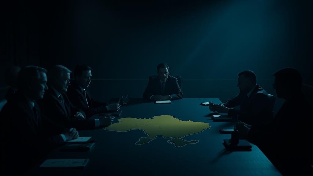 A tense, dramatic meeting in Geneva with silhouettes of diplomats around a table with a map of Ukraine.
