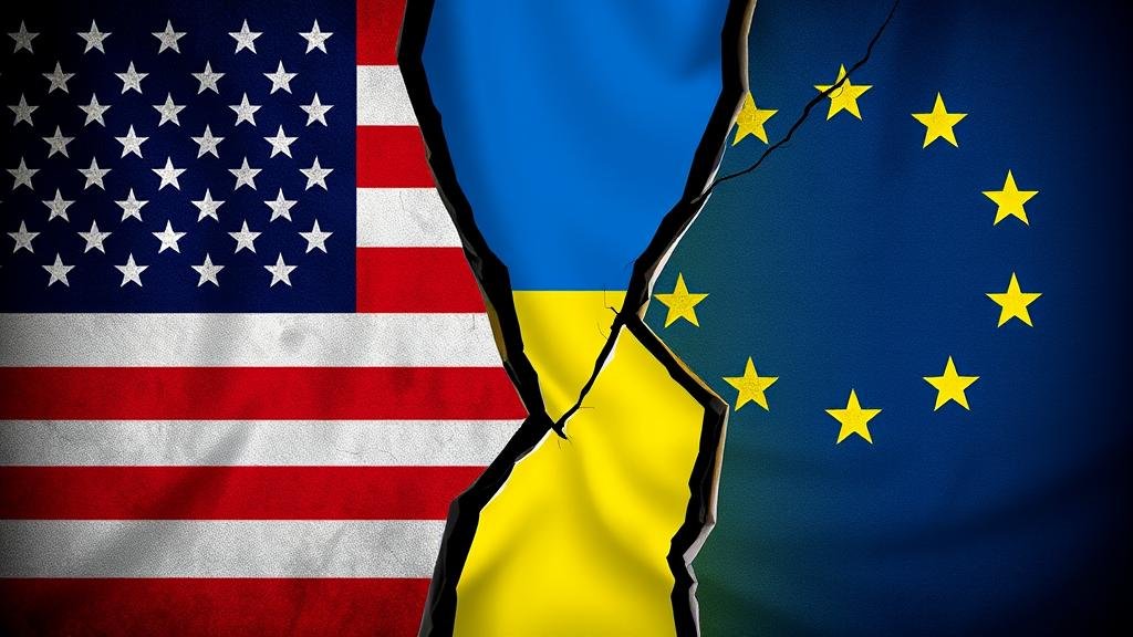 Fractured image showing the flags of the USA, Ukraine, and the European Union, suggesting a divided alliance.