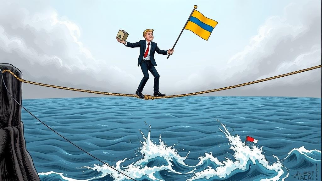 Political cartoon of a tightrope walker juggling a ballot box and a Ukrainian flag over a stormy sea, representing geopolitical instability.