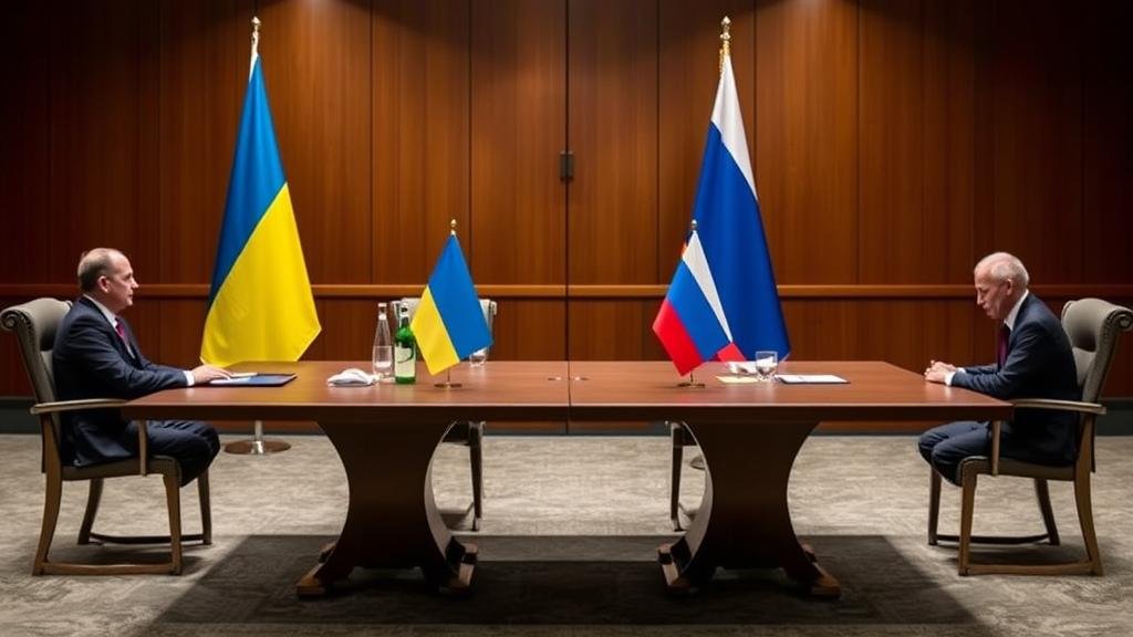 A high-stakes diplomatic meeting in Geneva, with the Ukrainian and Russian flags at a negotiation table. The table is wobbly and unstable, symbolizing the fragile and uncertain foundation of the peace talks.