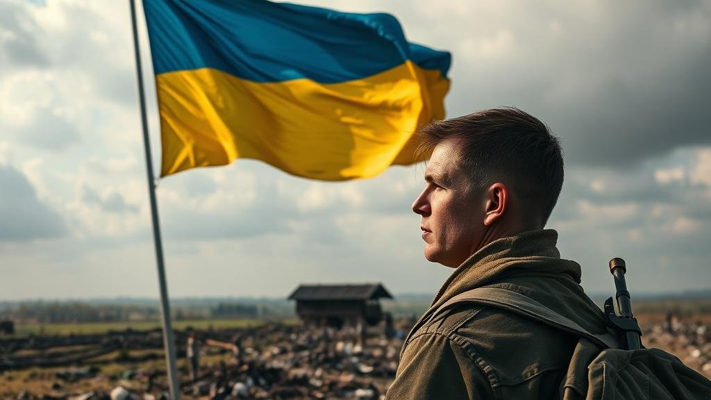 A depiction of Ukraine's perspective, showing the Ukrainian flag flying over a war-torn landscape. A Ukrainian soldier or citizen looks into the distance with a mix of determination and weariness, caught in the crosscurrents of war and uncertain international support.