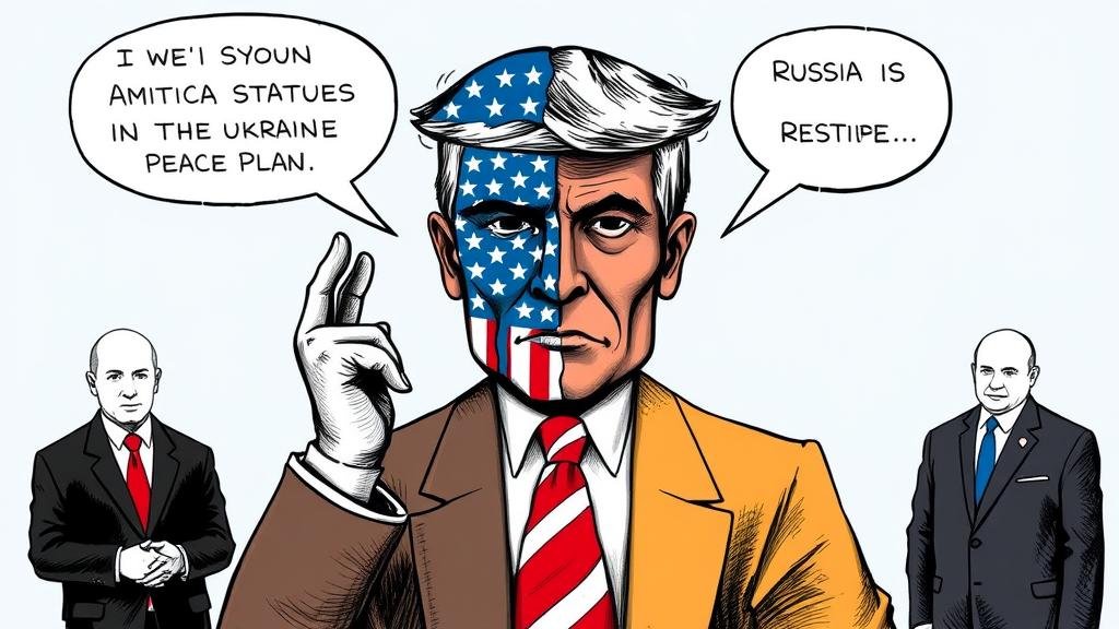 A representation of America's conflicting stances on the Ukraine peace plan. A two-faced figure with the US flag, whispering different messages to representatives of Ukraine and Russia, illustrating the mixed signals and ambiguity from Washington.