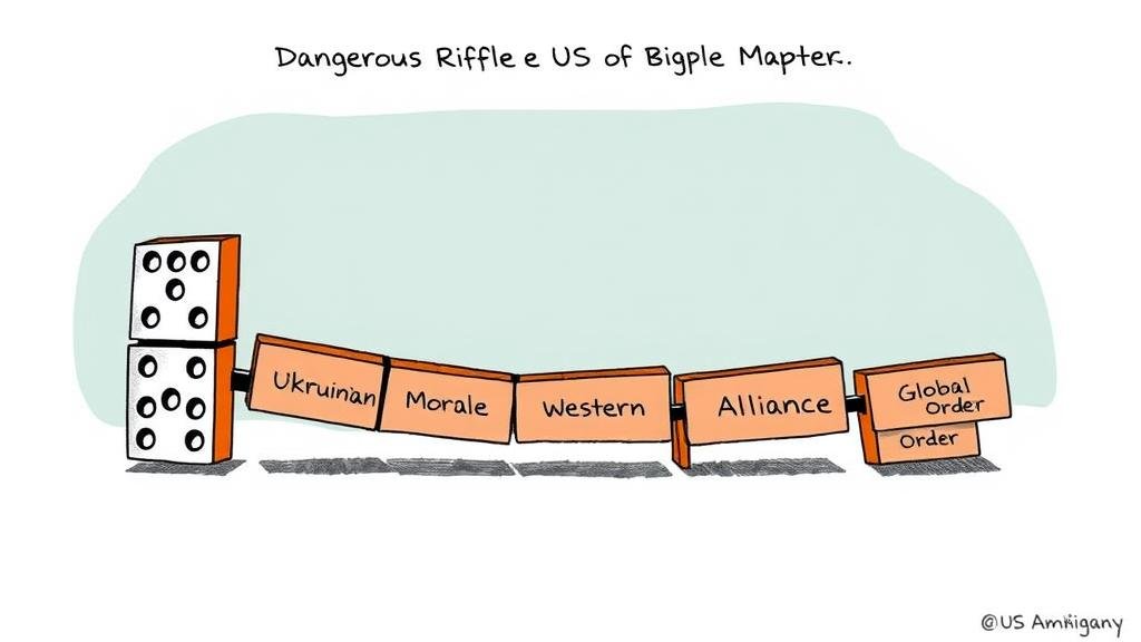 An illustration of the dangerous ripple effect of US ambiguity. A falling domino labeled 'US Ambiguity' is about to topple a line of other dominoes labeled 'Ukrainian Morale', 'Western Alliance', and 'Global Order', showing the potential for widespread negative consequences.