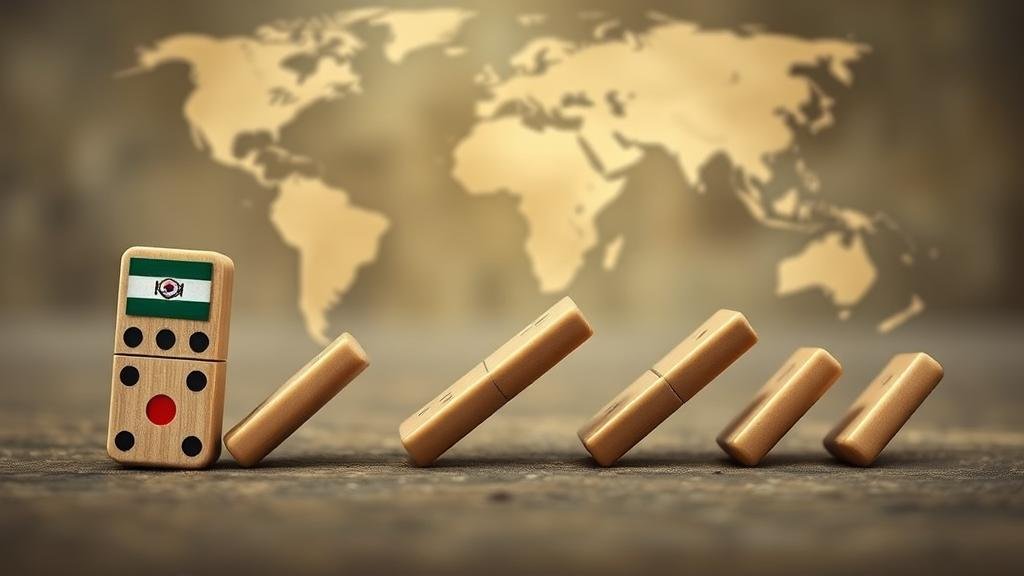 A row of dominoes about to fall, symbolizing the dangerous global precedent the peace deal could set.