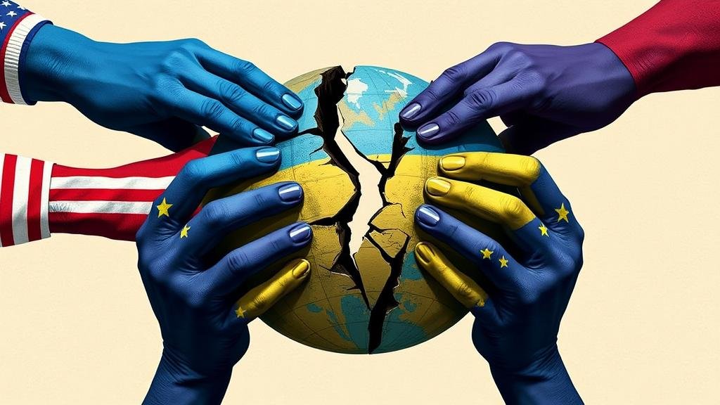 Hands with flags of the US, EU, and Ukraine struggling to hold a cracked shield together, symbolizing a fractured alliance.