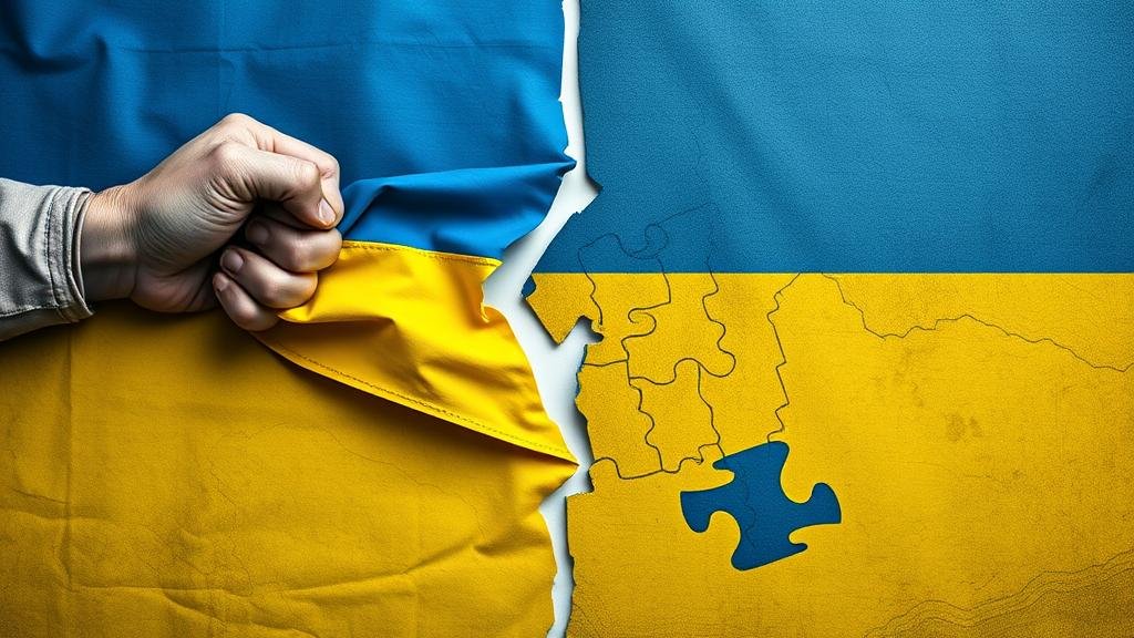 Symbolic image of a Ukrainian flag being pulled apart, representing difficult concessions.