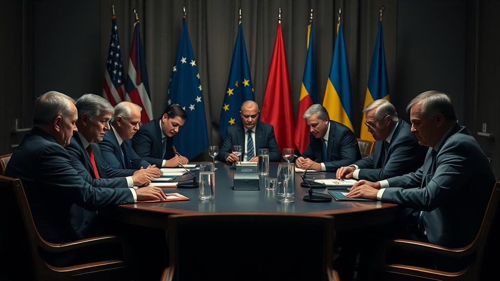 Tense diplomatic negotiations at the Geneva Summit with representatives from the US, Europe, and Ukraine.