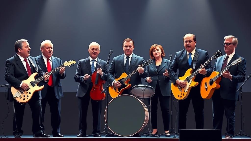 A dramatic and satirical image of a tense diplomatic meeting, where world leaders are arguing over a pizza that has missiles as toppings. One leader is trying to balance on a tightrope stretched across the table, symbolizing the precarious nature of the Ukraine peace plan.