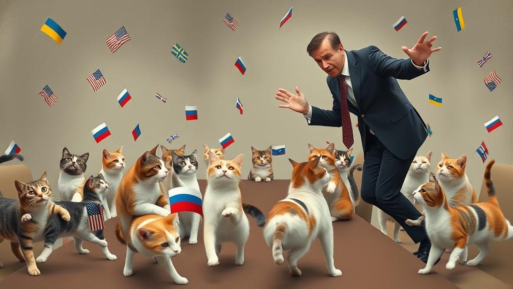 A chaotic and slightly humorous scene of a diplomat in a suit frantically trying to herd a group of cats, each adorned with a small flag representing different nations (USA, Ukraine, Russia, EU members), towards a large negotiating table. The cats are all moving in different directions, highlighting the immense challenge of achieving a unified diplomatic solution.