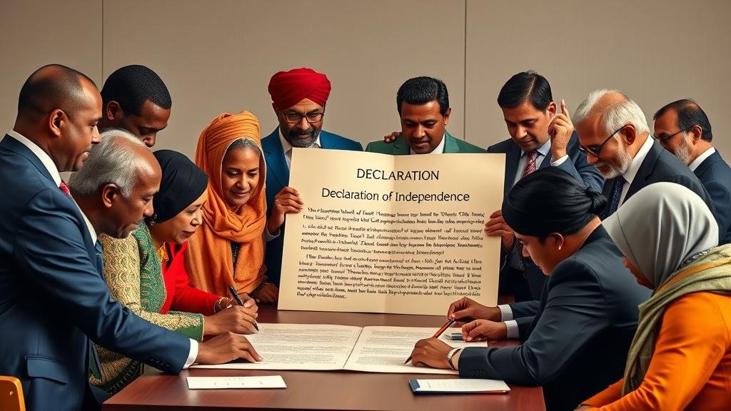 Diverse world leaders collaborating on a 'Declaration of Independence' for global governance.