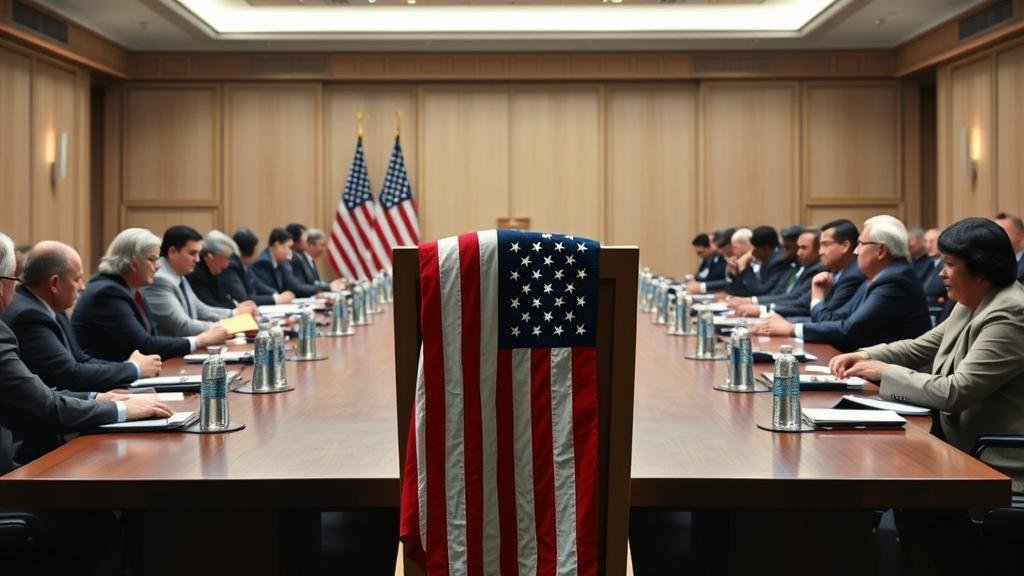 An empty chair with an American flag at an international conference, symbolizing the US boycott of the G20.
