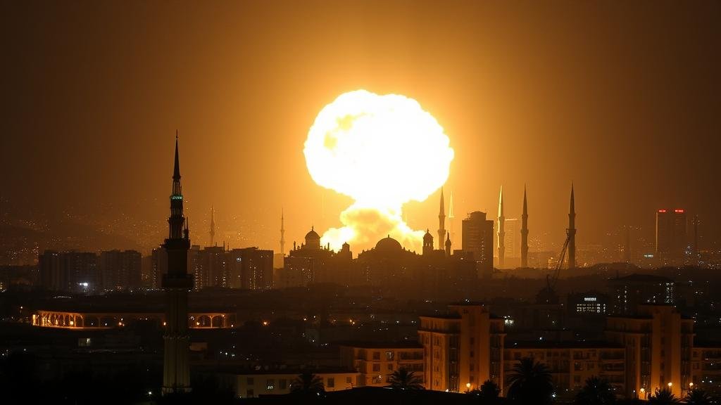 A dramatic night scene of Beirut's skyline, illuminated by the explosion of a drone strike, symbolizing the assassination of a major political figure.