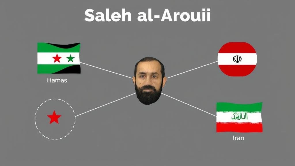 A conceptual image representing the strategic importance of Saleh al-Arouri, showing him as a central node connecting Hamas, Hezbollah, and Iran.