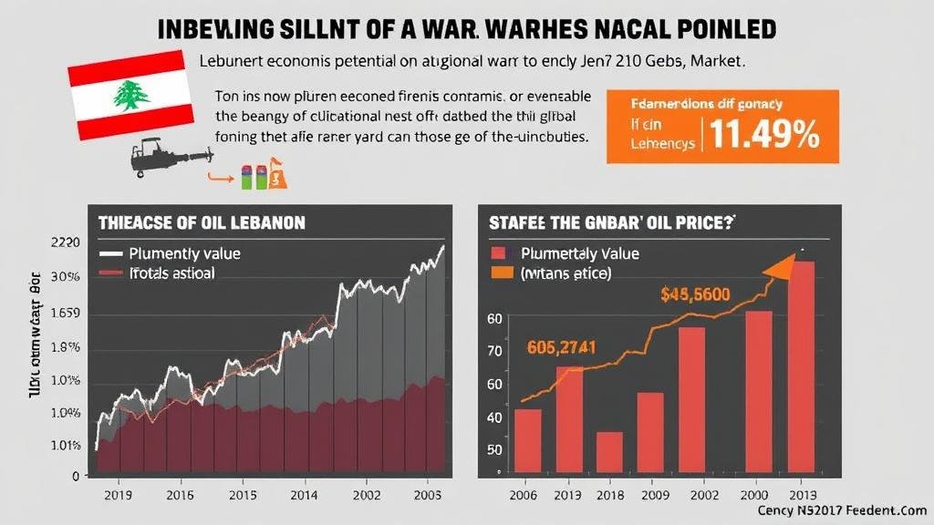 An economic chart illustrating the devastating potential of a regional war on Lebanon's economy and the global market, with graphs showing plummeting currency value and soaring oil prices.