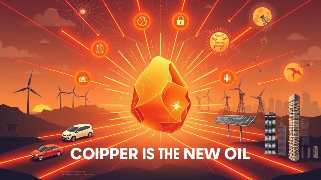 An infographic showing a glowing copper nugget powering EVs, wind turbines, and a city skyline.