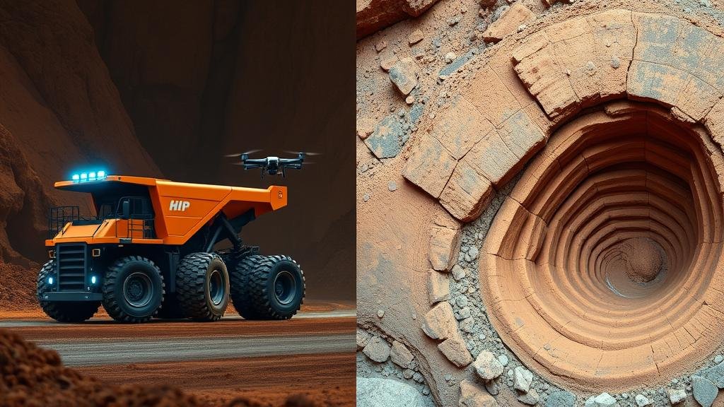 A split-screen comparison of a futuristic BHP mine and a traditional Anglo American copper mine.
