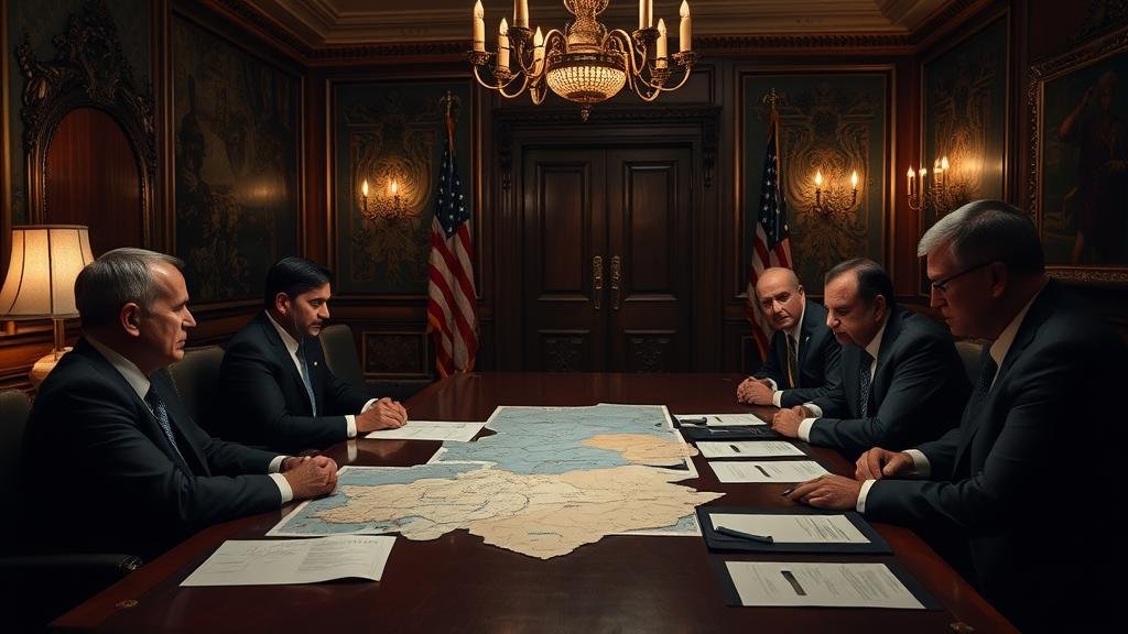 A clandestine meeting between Ukrainian and American officials in a dimly lit, ornate room in Geneva. The mood is tense and serious, with maps and documents spread on the table between them, conveying a sense of strategic secrecy and high-stakes negotiations.