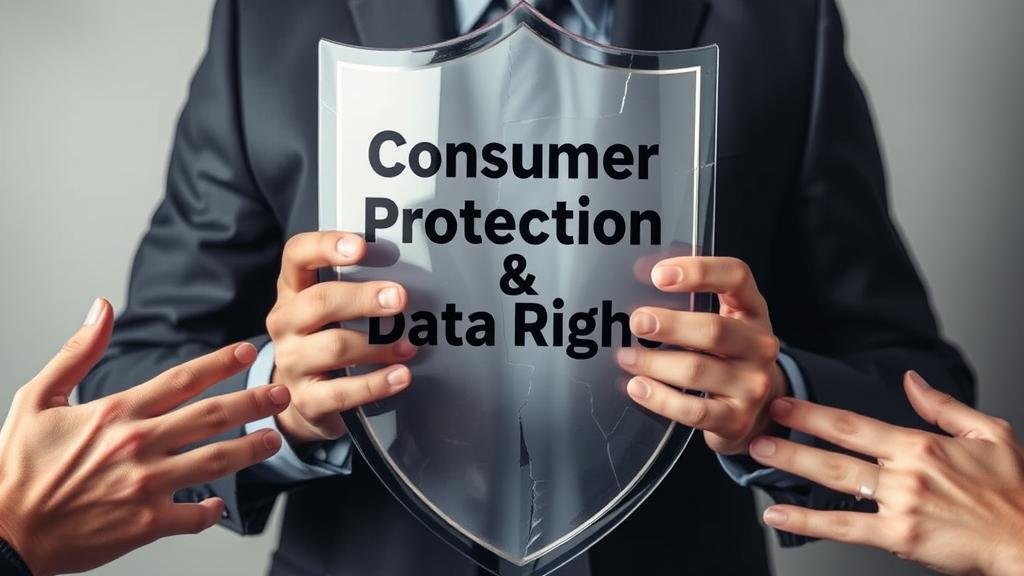 An image that represents the stakes for consumers. A person is shown holding a transparent shield labeled 'Consumer Protection & Data Rights.' The shield is starting to crack under the pressure of hands from the outside trying to get through, symbolizing the potential weakening of consumer protections.