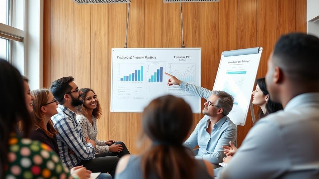 A vibrant image of a diverse group of people in a workshop, smiling and engaging with a presenter who is pointing to a whiteboard with financial charts and graphs.