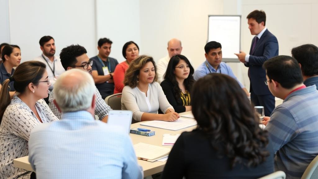 A picture of a financial workshop in action, with a diverse group of people learning about money management from a certified professional.