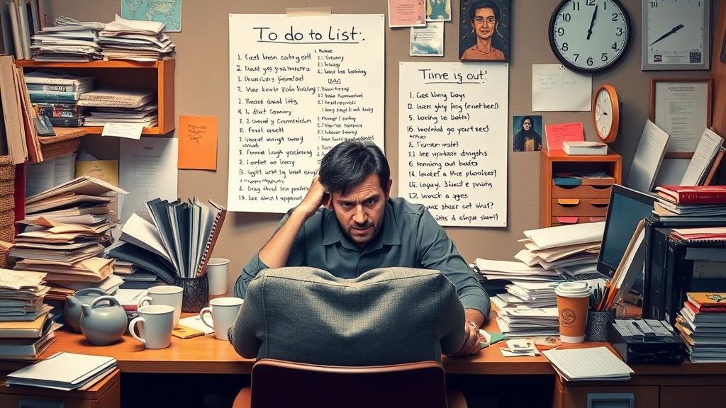 A person at a messy desk with a long to-do list, looking stressed and overwhelmed, surrounded by coffee cups and distractions.