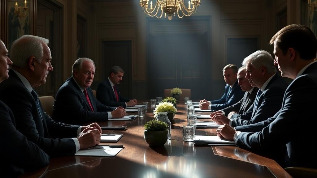 A high-stakes, hush-hush meeting in Geneva between U.S. and Ukrainian officials. The mood is tense and secretive, with long shadows and serious expressions. The room is grand, but the focus is on the quiet, intense conversation, hinting at progress that remains undefined.