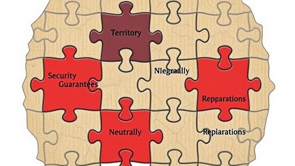 An illustration of the major unanswered questions in the peace negotiations. A giant, intricate puzzle with large missing pieces labeled 'Territory,' 'Security Guarantees,' 'Neutrality,' and 'Reparations.' This represents the huge gaps that remain in the discussions.