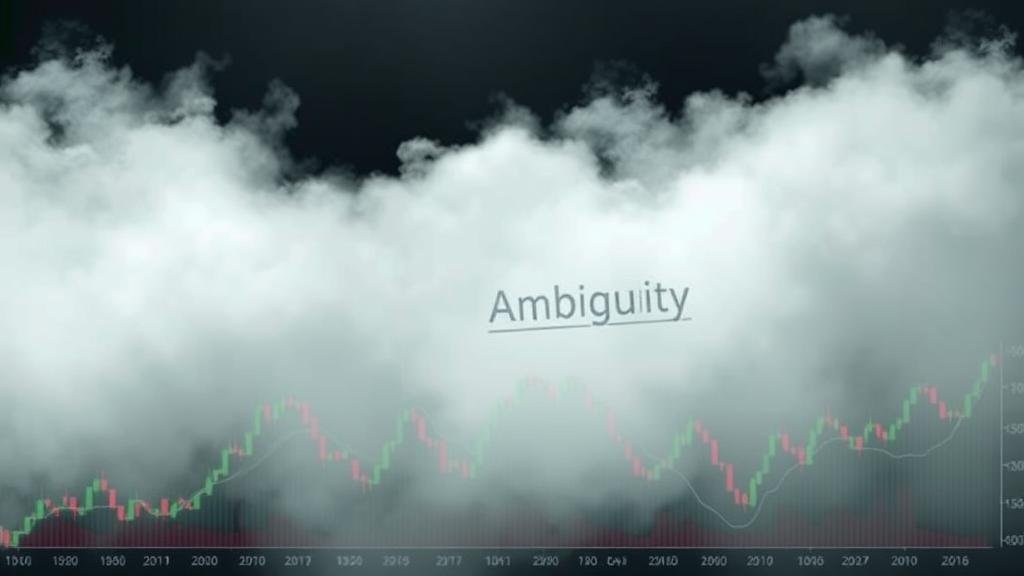 The economic consequences of geopolitical uncertainty. A thick, dense fog labeled 'Ambiguity' rolling over a volatile stock market chart, causing anxiety for business owners and investors. This image captures the nightmare of market ambiguity.