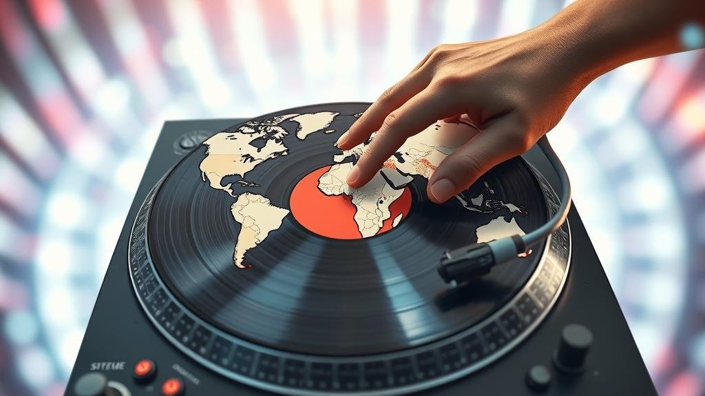 US Foreign Policy as an Erratic DJ A whimsical, slightly chaotic image of a world map on a spinning DJ turntable with a hand scratching a record, symbolizing the erratic and unpredictable nature of modern foreign policy.
