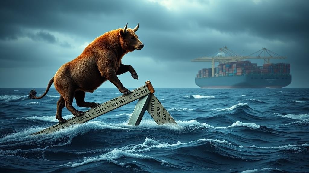 Economic Volatility and Supply Chain Chaos A visually striking image of a bull and bear on a seesaw made of a stock market ticker tape, teetering precariously over a stormy sea. In the background, container ships are tangled in knots, representing supply chain disruptions.