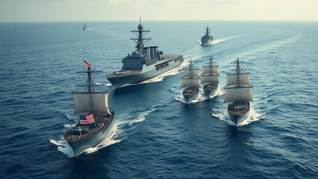 Allies Charting Their Own Courses A group of ships representing allied nations, originally following a large, imposing leading ship (USA), now starting to chart their own courses in different directions on a vast ocean.