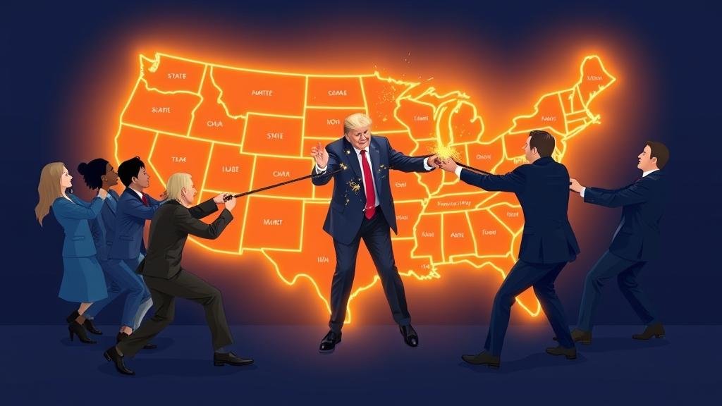 A stylized illustration of a three-way tug-of-war over a glowing, digital map of the United States. On one side, a diverse group of people representing states are pulling. On the other side, a group of executives in modern suits, representing Silicon Valley. In the middle, a figure representing the President is grabbing the center of the map, causing digital sparks to fly.