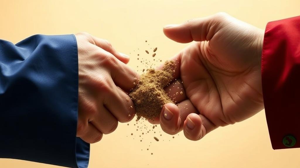 Erosion of International Trust A powerful image of two hands, representing different nations, attempting a handshake, but one hand is dissolving into sand or digital pixels, symbolizing the erosion of trust.