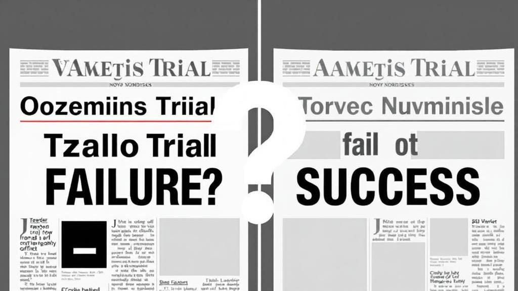 A stylized image showing a newspaper headline with 'Ozempic Trial Failure?' next to another headline saying 'Ozempic Trial Success!', with a large question mark in the center, representing the public confusion surrounding the Novo Nordisk FLOW trial.