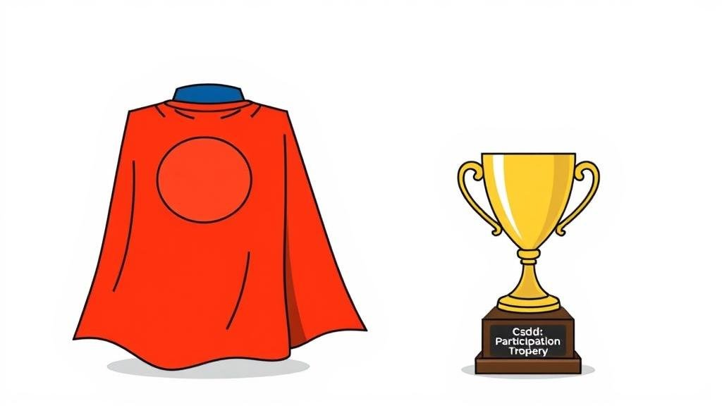 An illustration of the weakened CSDDD, where a superhero cape is faded and shrinking, turning into a small 'participation trophy' to signify its diluted impact on corporate governance.