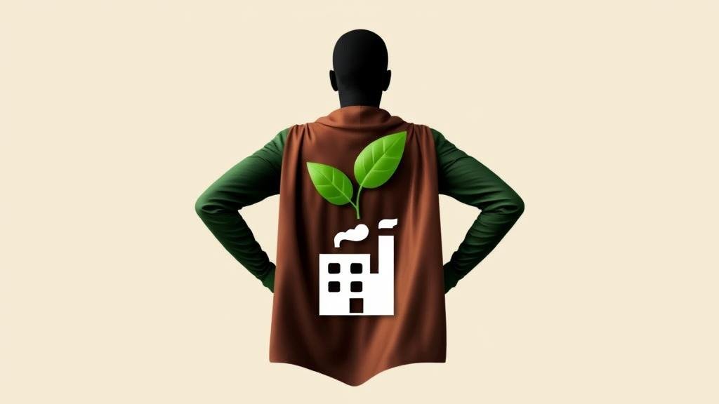 A symbolic image of corporate accountability, showing a powerful superhero cape adorned with a green leaf and a factory icon, representing the original ambitious goals of the Corporate Sustainability Due Diligence Directive (CSDDD) to protect the environment and enforce ethical supply chains.