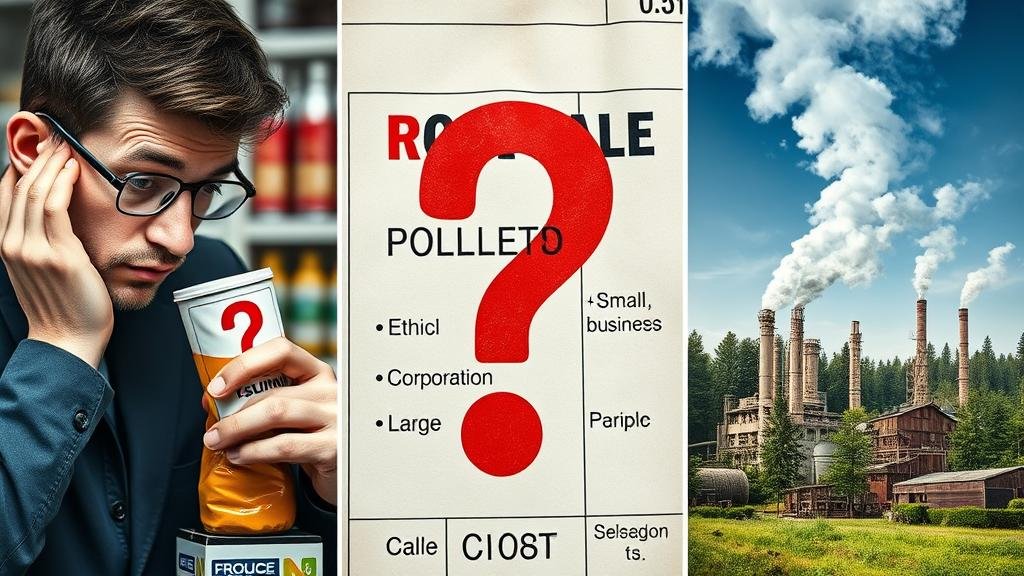 A triptych showing the negative consequences of the diluted directive: a confused consumer, a small ethical business overshadowed by a polluting corporation, and a factory polluting a forest.