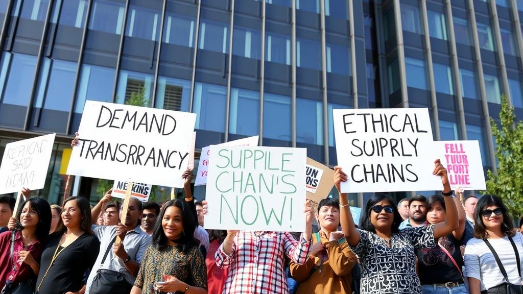 An inspiring scene of citizen and consumer activism, with people holding protest signs that read 'Demand Transparency' and 'Ethical Supply Chains Now!' in front of a corporate building.