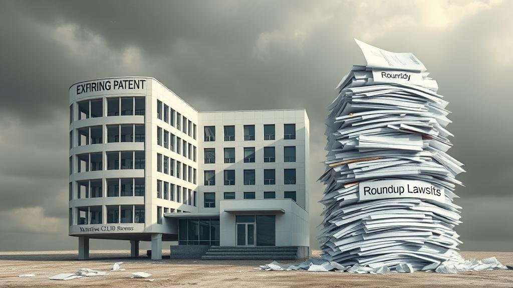 A metaphorical image of a pharmaceutical company being weighed down by expiring patents and legal paperwork, symbolizing immense financial and legal pressure.