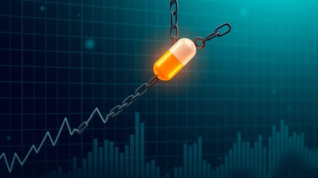 A financial chart with a downward trend being pulled up by a strong chain linked to a glowing pill, representing Asundexian as a strategic lifeline for the company's finances.