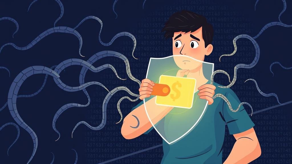 An illustration of a person holding a transparent digital shield to protect a glowing wallet icon. From the dark background, several digital tentacles are emerging, trying to bypass the shield and grab streams of data flowing from the wallet. The person has a look of concern, symbolizing the fight to protect personal financial information.